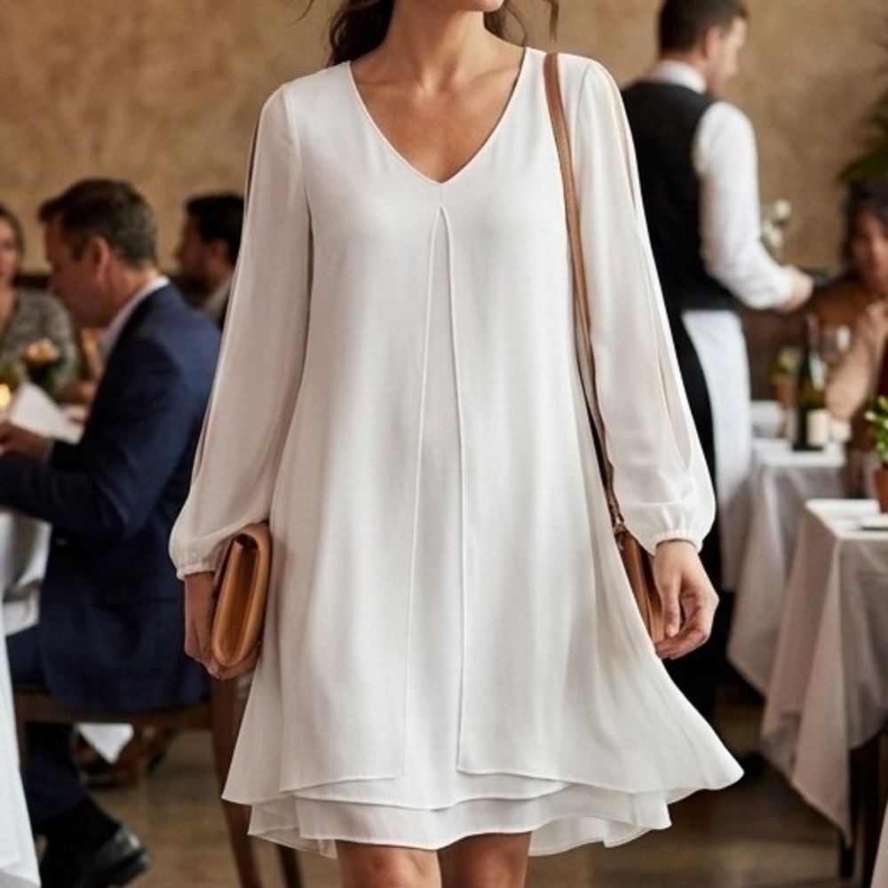 White House Black Market White Tiered Shift Dress Long Sleeve 6 Sophisticated